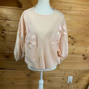 Vintage Unique Pink‎ Sweater Knit Peals Satin Embroidered Oversize Ballet Artist